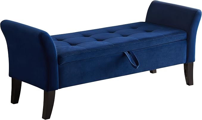 Furniliving Storage Ottoman Bench, Velvet Benches End of Bed Bench with Solid Wood Legs Upholstered Ottoman with Storage Indoor Bench for Living Room with Rolled Arm, Entryway, NavyBlue