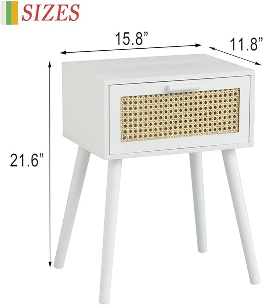 AWASEN White Rattan Nightstand, Modern Bedside Table with Rattan Drawer, End Table with Storage and Solid Wood Legs for Bedroom Living Room Small Space (White)