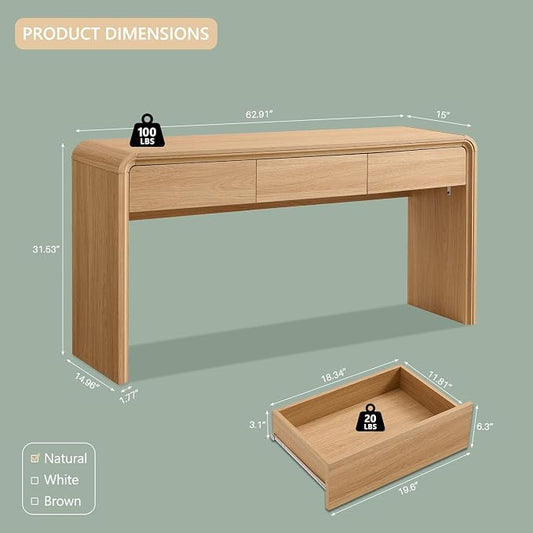 Aitjunz 63'' Console Table with 3 Drawers, Modern Entryway Table with Curved Profile Design, Narrow Long Wood Sofa Table Behind Couch Table for Living Room, Hallway, Foyer, Natural
