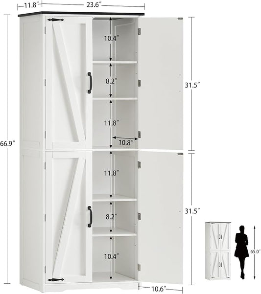 TEENFON Tall Pantry Cabinet, Kitchen Cabinet with 4 Shelves, Adjustable Shelves, Pantry Cabinets with 4 Barn Doors, Tall Kitchen Cabinets for Dining Room, Living Room, White