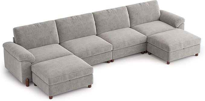 SITJOY Large Cloud Couch, 149" Wide 4 Seater U Shape, Light Gray Chenille | Detachable and Washable Chenille Cover Sectional Sofas for Living Room, Deep Seat Wide Couch with Chaise, Storage Ottoman