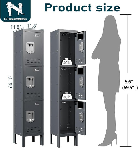 BUTISOW Metal Lockers - 66" Height Steel Lockers for Employees with 3 Door Storage Locker with Card Slot for Employees Gym School Home Office Garage - Assembly Required