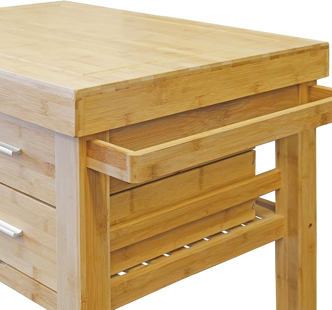 Rolling Kitchen Island Cart with Drawers Shelves, Towel Rack, Locking Casters, Butcher Block Food Prepping Cart Trolley on Wheels, Bamboo Wood
