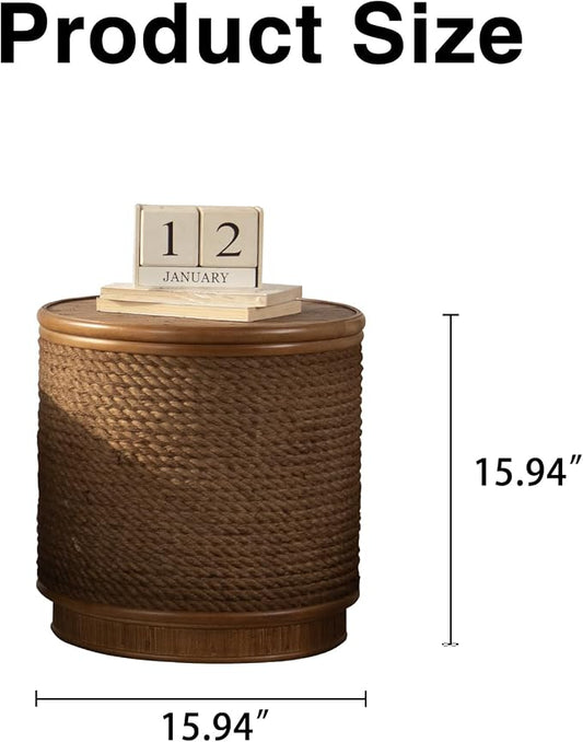 Round Rattan Coffee Table Set of 2 with Lift-Off Lid Storage, Boho-Chic End Table with Hand-Woven Hemp Rope Trim for Living Rooms, Compact Spaces