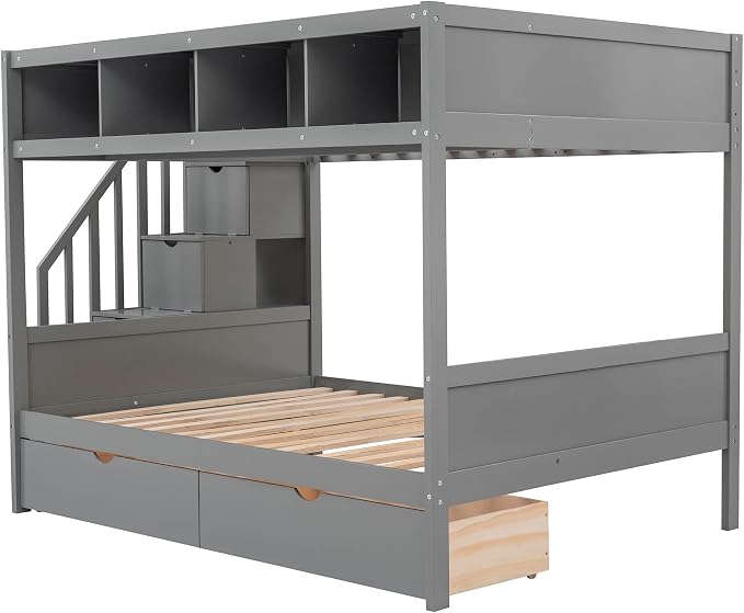 MERITLINE Twin Over Full Bunk Bed with Stairs, Storage Shelves and Drawers, Solid Wood Bunk Bed Frame with Storage, for Teens Adults (Grey)
