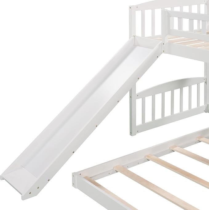 Twin Over Twin Bunk Bed, Wood Bunk Bed with Slide and Ladder, White