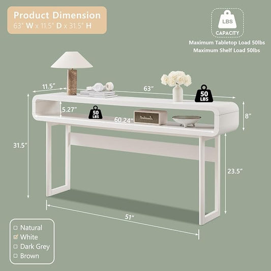 IFGET 63-Inch Long Console Table, 31.5" Tall Modern Entryway Table with Open Storage Shelf, Curved Profile Design, Narrow Wood Sofa Table Behind Couch Table for Living Room, Hallway, Foyer, White