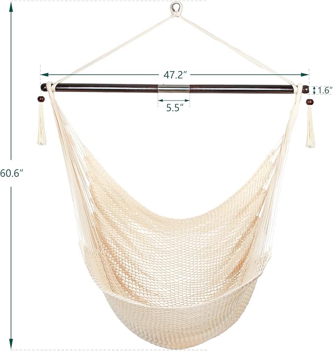 Bathonly Large Hammock Chair with Spreader Bar, Caribbean Hammock Swing Chair, XL Hammock Chair Outdoor Indoor, 330 LBS Weight Capacity, Beige