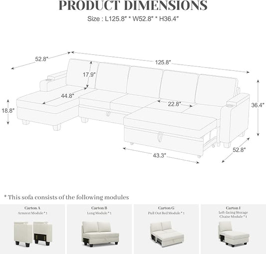 Belffin Modular Sectional Sleeper Sofa Bed with Storage Chaise L Shaped Sectional Couches for Living Room Armrest with Cup Holder. White Couch