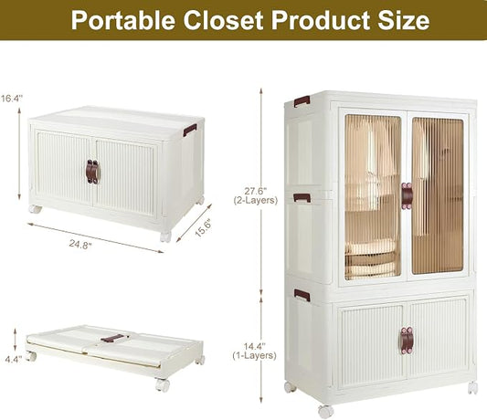 Portable Closet Wardrobe, Folding Storage Bins with Lid, Stackable Storage Box with Hanging Rod and Doors, Collapsible Plastic Clothes Cabinet with Wheels, 10 Hangers