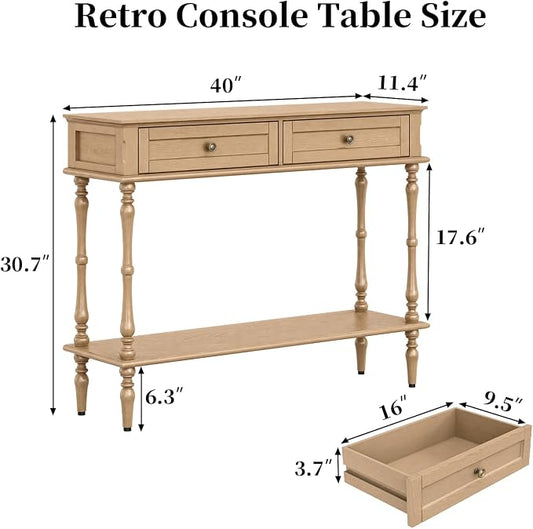 ARTPOWER Console Table for Entryway with 2 Drawers-Minimal Assembly,Retro Entryway Table with Storage Cabinets and Open Shelf,Narrow Long Couch Table Behind Sofa Set for Living Room,Foyer,Natural