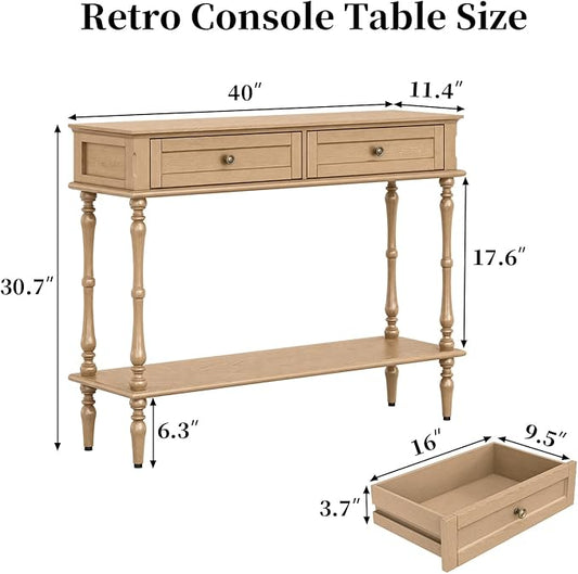 ARTPOWER Console Table for Entryway with 2 Drawers-Minimal Assembly,Retro Entryway Table with Storage Cabinets and Open Shelf,Narrow Long Couch Table Behind Sofa for Living Room,Foyer,Hallway,Natural