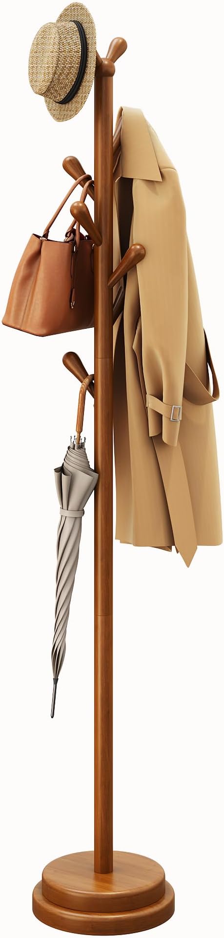 Freestanding Coat Rack, Solid Wood Coat Tree with 8 Smooth Rounded Hooks, Adjustable Height Heavy Duty Coat Rack with Dual-Layer Base, Holds Coats Hats Bags for Entryway, Bedroom, Living Room