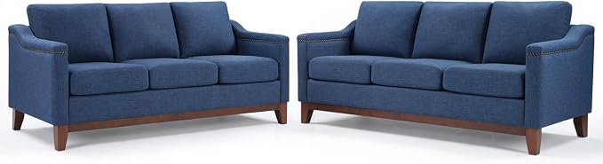HAOMARKETS Classic 3-Seater Sofa Set of 2 with Nailhead Trim, High-Density Foam Cushions & Sturdy Solid Wood Legs, Soft Fabric Couch for Living Room, Blue