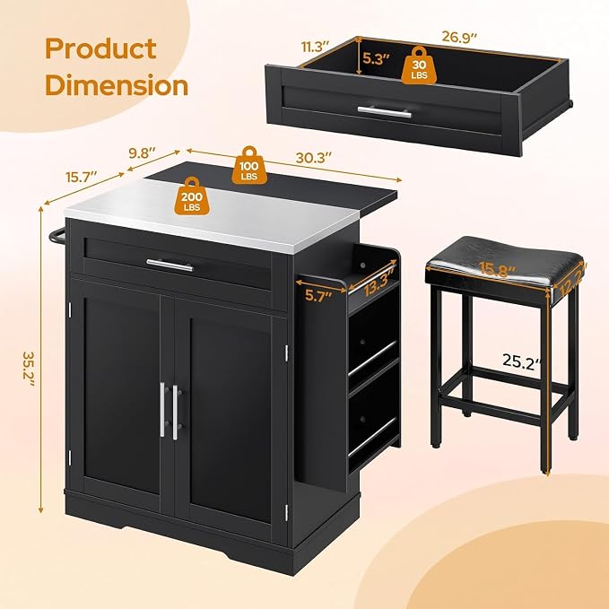 Concho 41'' Kitchen Island with Seating and Stainless Steel Countertop, Rolling Kitchen Carts on Wheels with Folding Drop Leaf, Bar Stool, Power Outlet, Spice/Towel Rack, Black