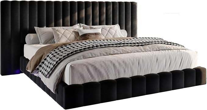 Jocisland King Size Bed Frame with 100" Wide Upholstered Headboard, Modern Velvet Floating Platform with LED Lights Underneath, No Box Spring Needed, Black