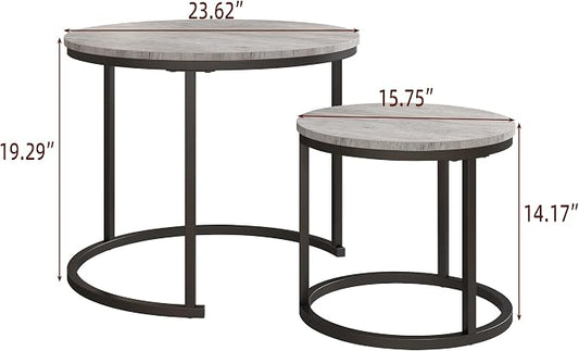 HOJINLINERO Round Coffee Table,Nesting Coffee Table Set of 2,Center Tables for Living Room,Office, Home Small Space,Stacking Side Tables,Sturdy and Easy Assembly,Wood Desktop,Black+Grey,Small