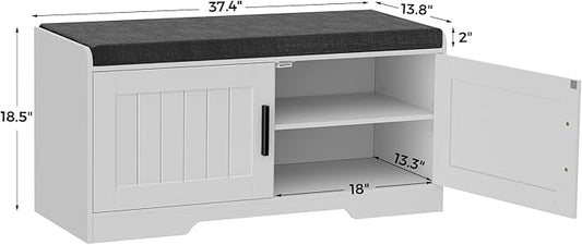 Homleke 2-Tier Storage Bench, Shoe Bench with Thickened Padded Seat Cushion, Entryway Bench with 2 Doors, Adjustable Shelf, 13.8" D x 37.4" W x 18.5" H, for Entryway, Living Room, Bedroom, White