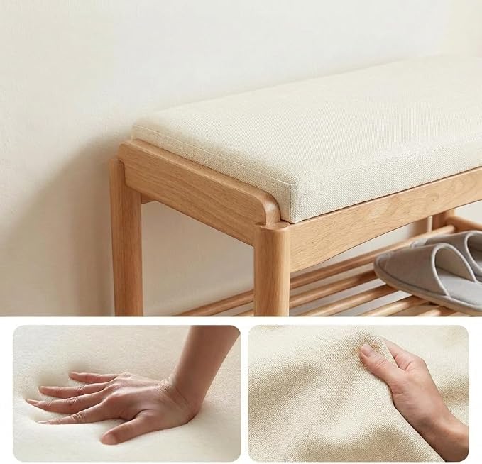 Solid Wood Shoe Bench Assembled, Shoe Rack Bench with Cushion for Entryway, Living Room, Bedroom, Hallway, 11.8" x 23.6" x 16.5", Natural