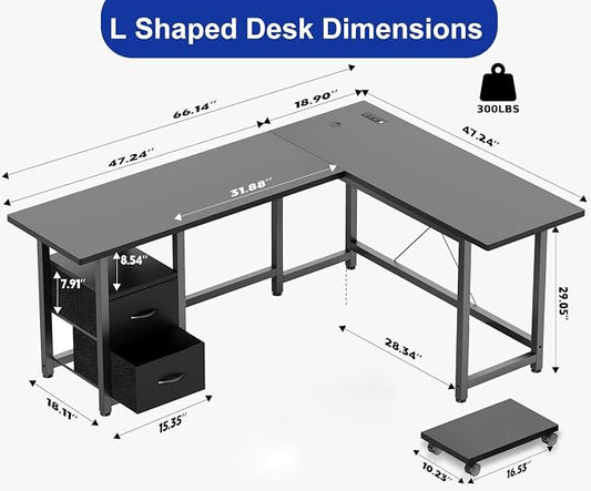 Gizoon 66 Inch L Shaped Desk with Power Outlets & Large Drawers, Reversible Corner Gaming Desk, Home Office Computer Workstation with CPU Stand, Black