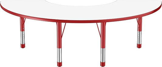 FDP Dry-Erase Half Moon Activity School and Classroom Kids Table (36 x 72 inch), Chunky Toddler Legs for Collaborative Spaces, Adjustable Height 15-24 inches - Whiteboard Top, Red Edge and Legs