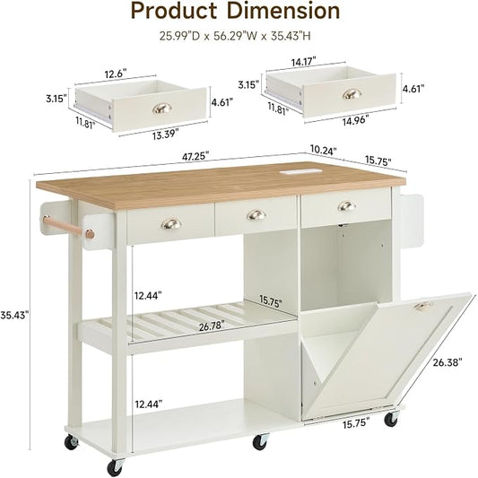 ONBRILL 56" Kitchen Island with Drop Leaf, Rolling Kitchen Cart with Trash Cabinet, Power Outlet, 2-Tier Open Shelves, 3 Drawers, Spice & Paper Towel Racks, 6 Wheels (4 Locking) for Dining Room, White