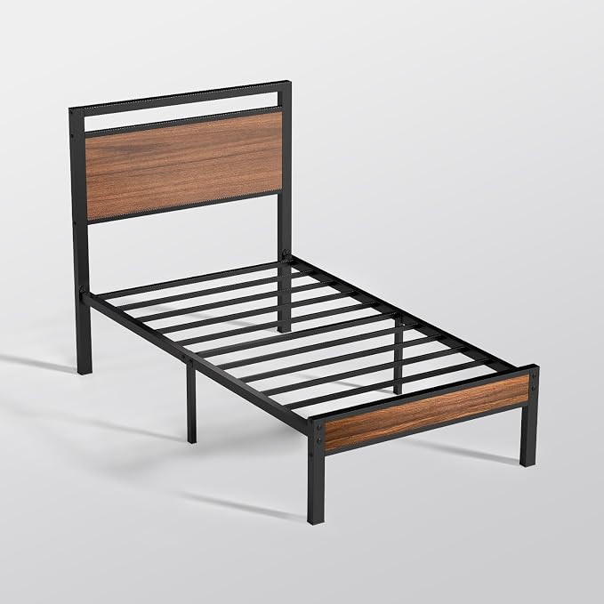 Z-hom Twin Metal Bed Frame with Wooden Headboard and Footboard, Heavy Duty Platform Frame with Mrtal Slats, No Box Spring Needed, Quiet and Non-Slip Design, Saving Space for Small Bedroom,Walnut