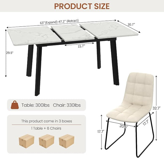 47.2"-63" Expandable Dining Room Table Set for 4-8 People, White | Removable Extension Leaf, Durable MDF Rectangle Tabletop, 6 Beige Sleek Faux Leather Chairs, Heavy Duty Modern Kitchen Table