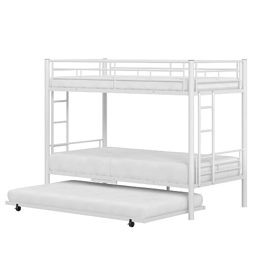 VECELO Twin Over Twin Bunk Bed with Trundle, Off White | Metal Bunkbeds, 2 Side Ladders, Full-Length Guardrail, Noise Free, No Box Spring Needed