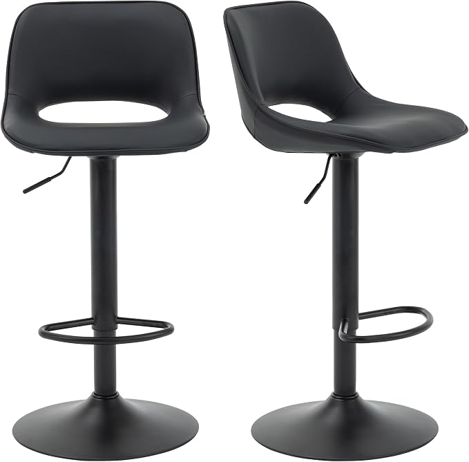 YOUNIKE Black Bar Stools Set of 2 Compact Modern Swivel Barstools, Adjustable Counter Height Bar Stools Faux Leather Upholstered Bar Stool with Hollow Back for Kitchen Island