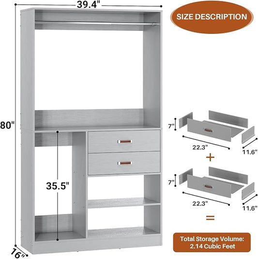 Armocity Closet System with Suitcase Storage, 40 Inches Stand-alone Wardrobe with 2 Wood Drawers, 80'' Height Adjustable Cloth Garment Rack, Walk-in Closet with Hanging Rod, Grey