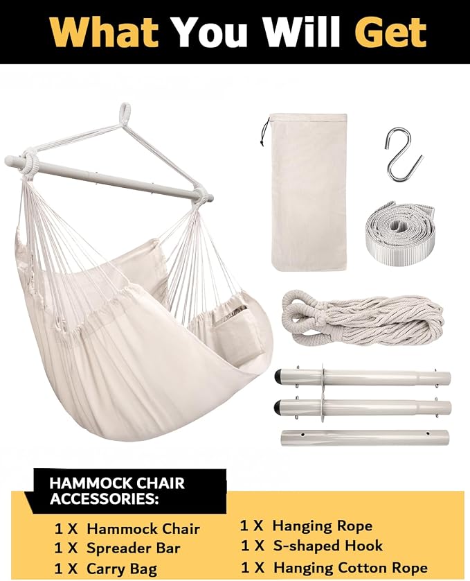 ADVOKAIR Hammock Chair Swing, Heavy-Duty Hanging Rope Swing Seat Supports 500 Lbs, Ideal for Outdoor Patio, Backyard, Porch, Deck & Indoor Bedroom Use