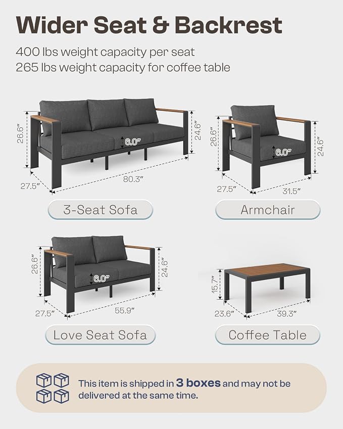 Aluminum Outdoor Patio Furniture, 3 Seats All-Weather Outdoor Patio Sofa with Washable Thick Cushion, Patio Sofa Couch for Porch, Balcony, Deck, Yard, Graphite