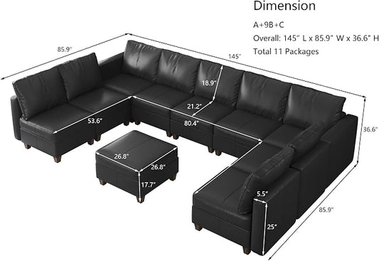 EASE MOOSE Faux Leather Sectional Sofa, Modular Sectional Sofa Couch U Shaped Couch with Storage Ottoman, Black