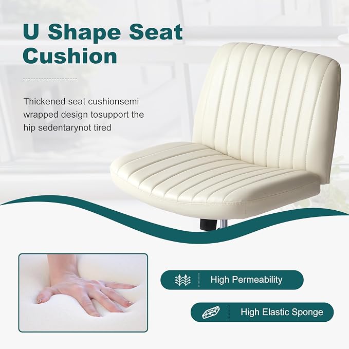 OLIXIS Criss Cross Legged Chairs Armless No Wheels Wide Seat Height Adjustable Swivel Padded PU Leather Home Office Desk Chair for Bedroom, Student, Study Room,Beige