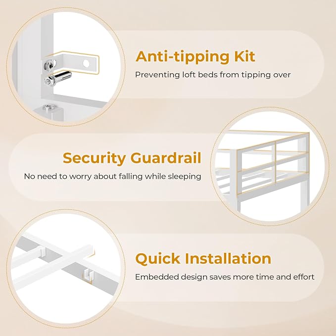 ADORNEVE Twin Size Loft Bed with Desk and 8 Storage Drawers, Metal Kids Loft Bed Twin with LED Lights & Charging Sation, Storage Shelves, 13.1" H Safety Guard & Ladder, No Box Spring Needed, White