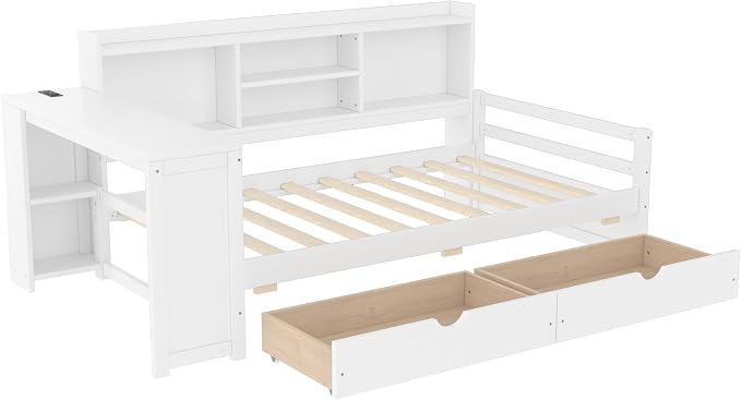 Bellemave Twin Corner Bed Frame with Desk and Storage Shelves,Charging Port, Wood Twin Size Daybed with Bookcase and Drawers, White