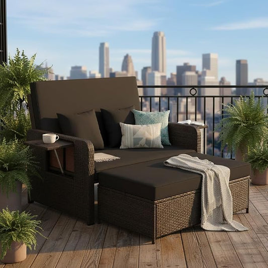 Tangkula Patio Rattan Daybed with 4-Level Adjustable Backrest, Outdoor PE Wicker Loveseat with Storage Ottoman & Folding Side Tray, Double Sunbed Lounger for Balcony, Backyard & Poolside, Black