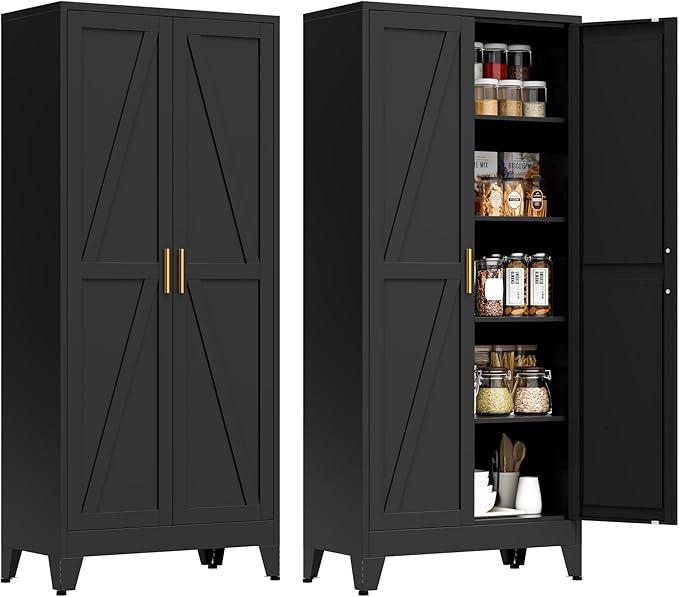 71" Tall Metal Pantry Cabinet, Kitchen Storage Cabinet with 2 Doors and 4 Adjustable Shelves for Kitchen, Living Room, Dining Room, Bathroom and Home, Office (Black, 1PC)