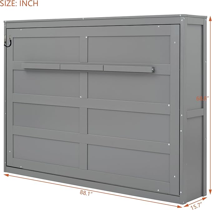 Merax Modern Farmhouse Solid Wood Murphy Bed Chest | Wall Bed with Wood Slat Support/ No Box Spring Needed/ Space Saving/ Queen,Gray