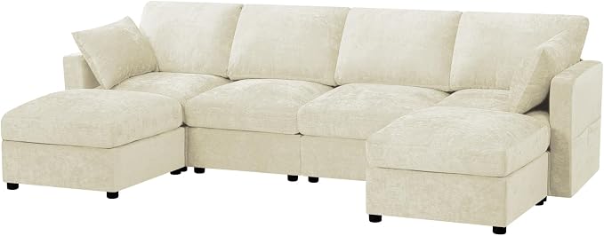 110” Chenille 4-Seats Sofa W/Two Movable Ottomans, Beige | Modern Fabric U-Shaped Couch w/Soft Backrests, Upholstered Sectional Sofa w/Arm Pillows for Living Room, Office