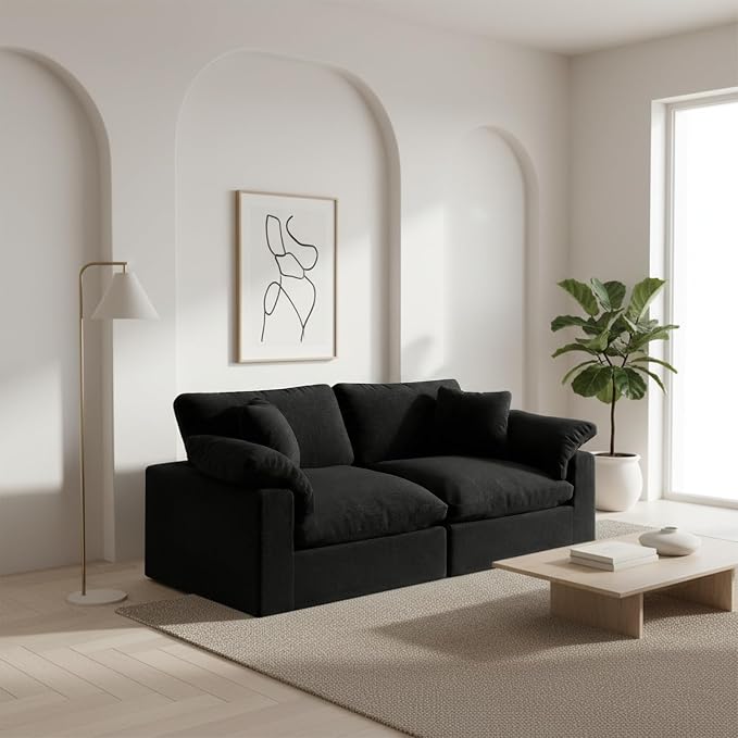 Modular Sectional Sofa Cloud Couch,78.6" Down Filled Comfy Cloud Modern Sofa,2 Seater with Black Linen Couch Cushion Covers Removable Furniture for Living Room