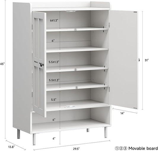 ONBRILL Shoe Storage Cabinet with Cross Molding Doors, 6-Tier Farmhouse Shoe Cabinet with 3 Adjustable Shelves and Metal Legs, 45'' Tall Shoes Rack Organizer Cabinet for Entryway, Front Door, White