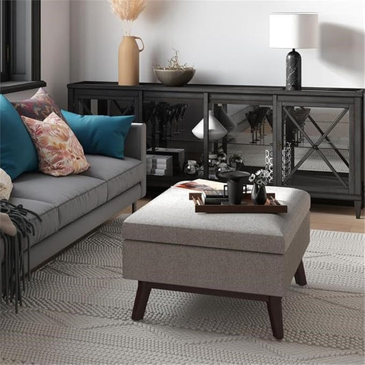 SIMPLIHOME Owen Coffee Table Storage Ottoman - 34" Wide x 19" High Upholstered Woven Fabric Rectangular Lift-Top Ottoman in Cloud Grey, Mid-Century Modern Bench for Living Room with Tapered Legs
