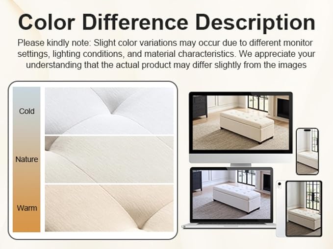 Asense 42" Storage Ottoman Bench, Large Linen Upholstered Rectangular Footstool with Safety Hinges, End of Bed Bench for Bedroom, Entryway Bench with Storage, Window Seat, Beige