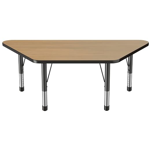 Factory Direct Partners FDP Trapezoid (30 x 60 inch) Classroom Table with Adjustable Chunky Toddler Legs (15-24 in) Preschool, Kinder and Daycare Furniture - Pasadena Oak Top/Black Edge and Legs