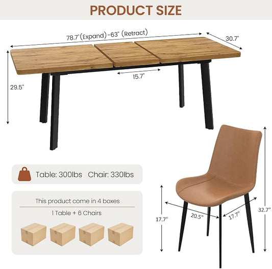 Extendable Dining Table Set for 6 to 8 People, 63" to 78.7" Modern Kitchen Table Set with 6 Leather Chairs, MDF Dining Room Table and Chairs with Removable Extension Leaf (Walnut Table+Brown Chairs)