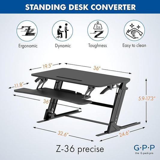 36″ Wide Standing Desk Converter – Sit-to-Stand Workstation for Dual Monitors, Height Adjustable Up to 17.3″ with Large Keyboard Tray – Black
