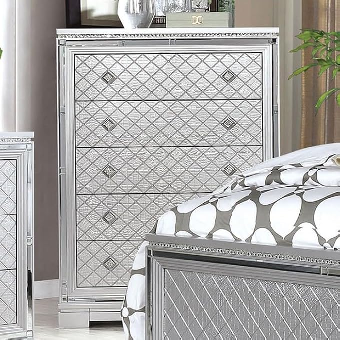 First of a Kind Queen Size Glam Bedroom Furniture 5 Piece Set in Silver - Button Tufted Headboard, Mirror Panels Crystal Acrylic, Dual Nightstands, Bed, Dresser, Mirror, Chest, Jewellery Storage