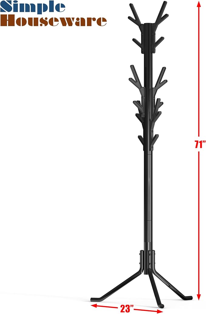 Simple Houseware Standing Coat and Hat Hanger Organizer Tree Shaped Rack for Entryway, Bedroom, and Hallway, 18 Hooks, Black